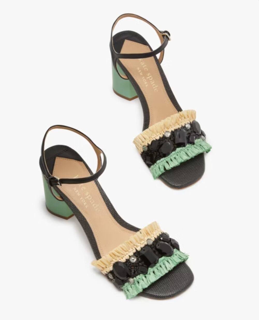 Kate Spade Bora Bora Heel Black Natural Mint Crochet Raffia Size 5 NIB Vacation